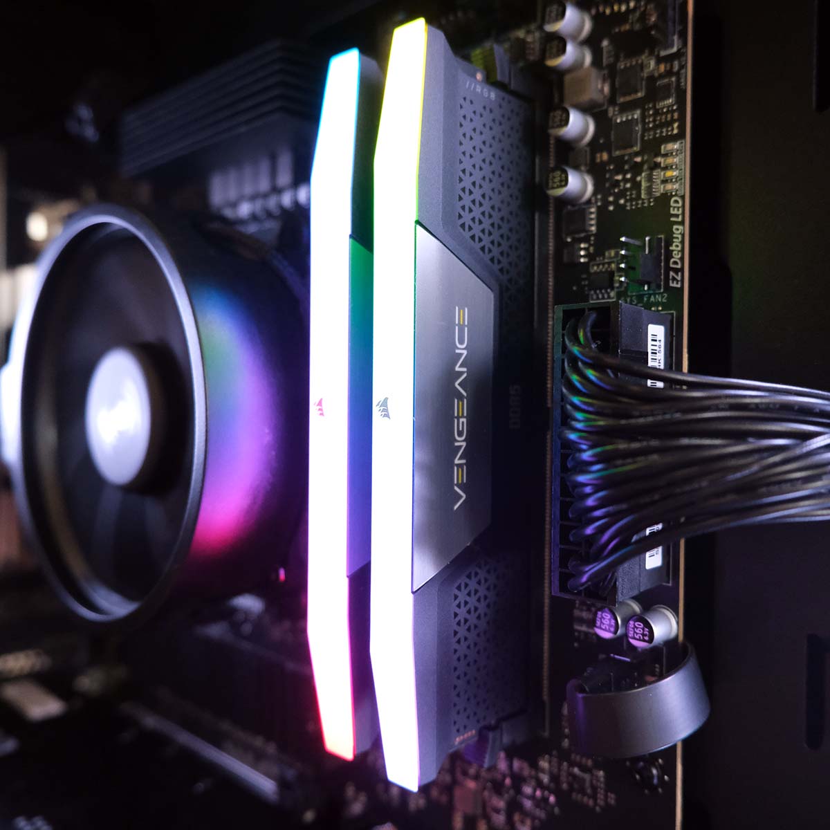 A close up of the Corsair Vengeance RGB RAM inside CyberPowerPC Ultra R87 Pro.