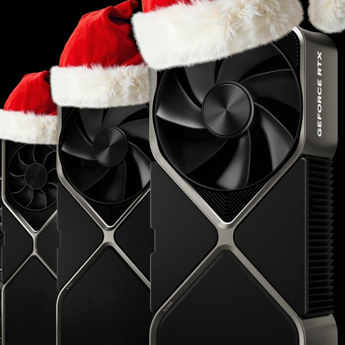 Three Nvidia GeForce RTX Founders Edition graphics cards, wearing Christmas hats.