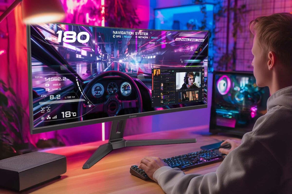 iiyama GCB3486WQSCP with a racing game on screen.