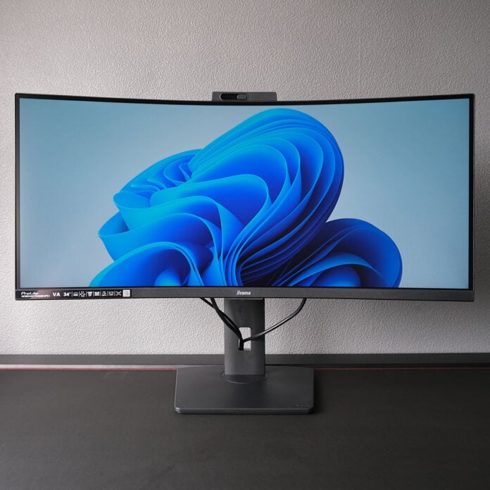 A wide shot of iiyama ProLite XCB3497WQSNPH-B1 monitor, displaying the Windows 11 'Bloom' logo.