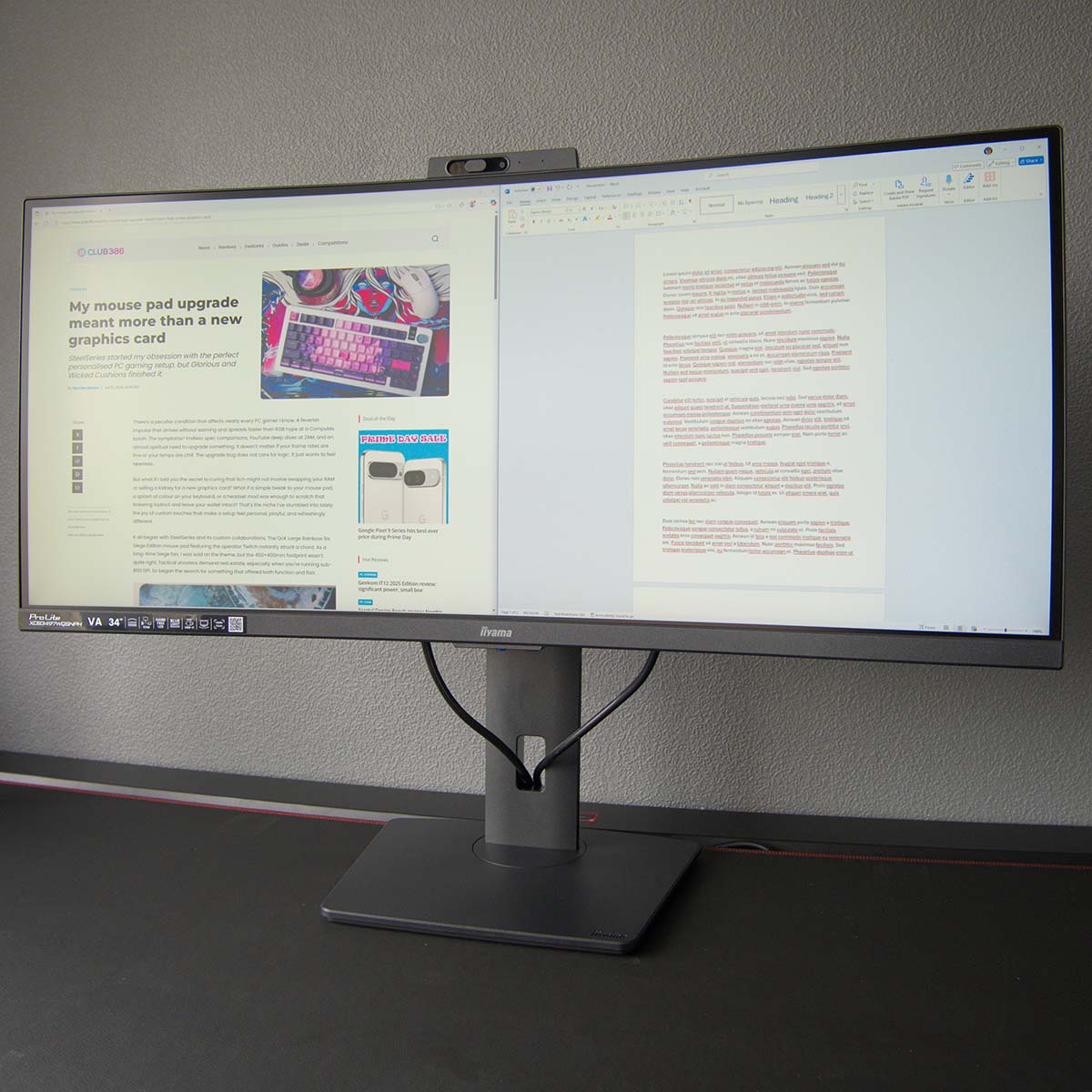 A wide shot of iiyama ProLite XCB3497WQSNPH-B1 monitor, displaying two windows either side of one another.