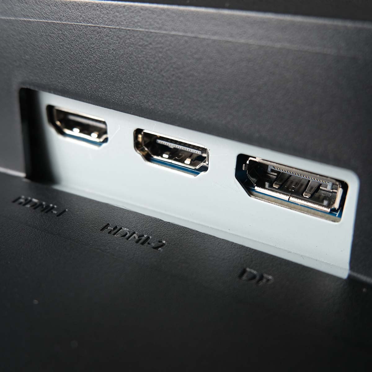 A close up of iiyama ProLite XCB3497WQSNPH-B1's display outputs, including two HDMI and one DisplayPort.