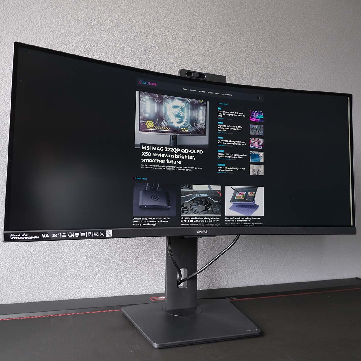 A wide shot of iiyama ProLite XCB3497WQSNPH-B1, displaying the Club386 website.