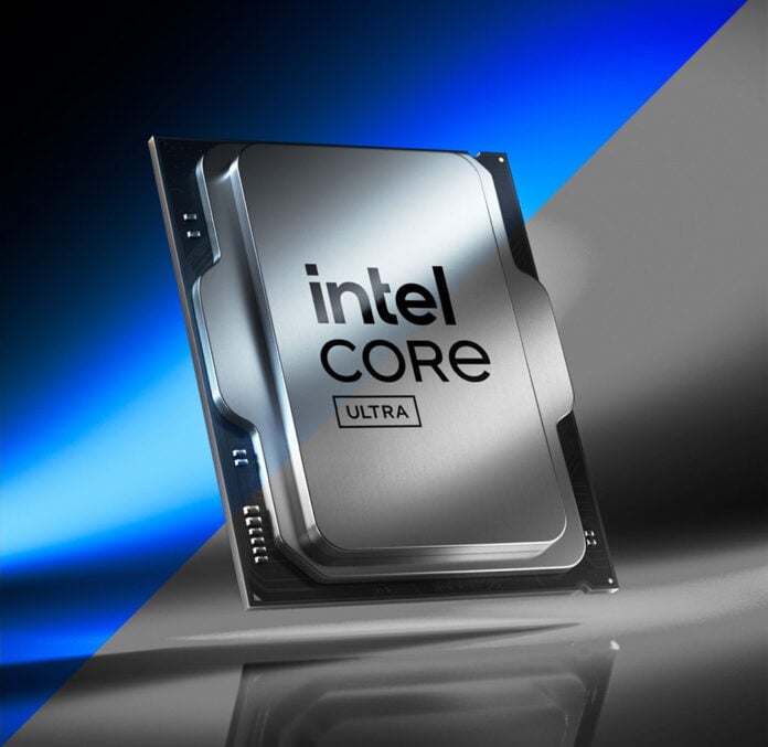 Intel Core Ultra processor, one half of the image is in full colour (top left) while the other is grayscale (bottom right).