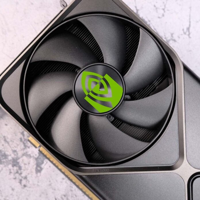 Nvidia GeForce RTX 5090 Founders Edition graphics card, zoomed in on one of its fans, with a superimposed Nvidia logo on top of it.