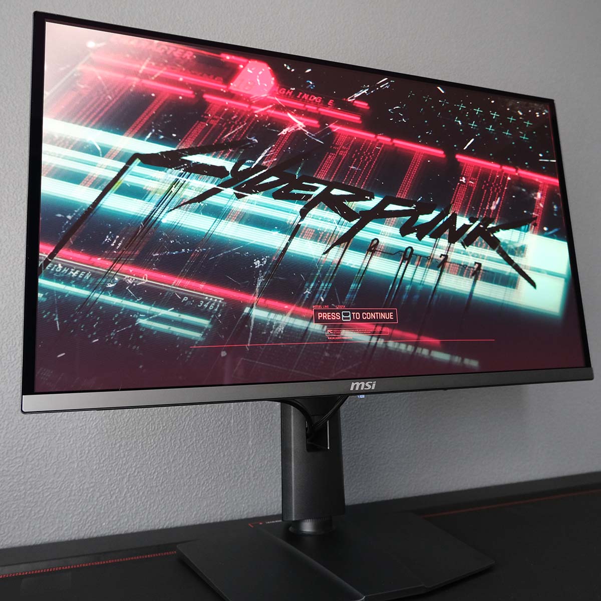 MSI MAG 272QP QD-OLED X50, displaying the Cyberpunk 2077 main menu splash.
