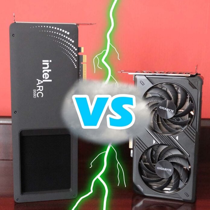 Intel Arc B580 Limited Edition (left) stands against Nvidia GeForce RTX 5050 (right), separated by green lightning, a cloud, and blue 'VS' text.