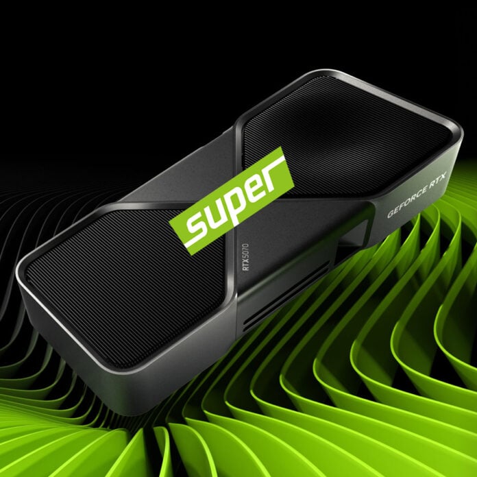 Nvidia RTX 5070 Founders Edition render with a 'Super' logo superimposed on it.