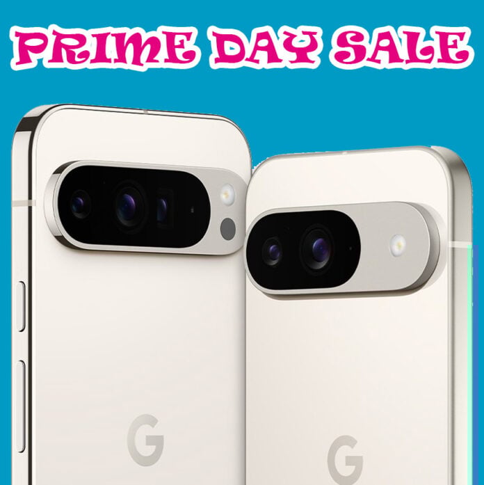 Pixel 9 Pro (left) and Pixel 9 (right) standing upright, their camera lenses facing towards you.