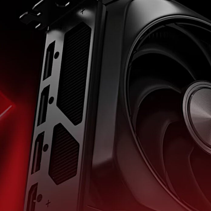 Close up of an AMD Radeon graphics card, rendered in 3D.