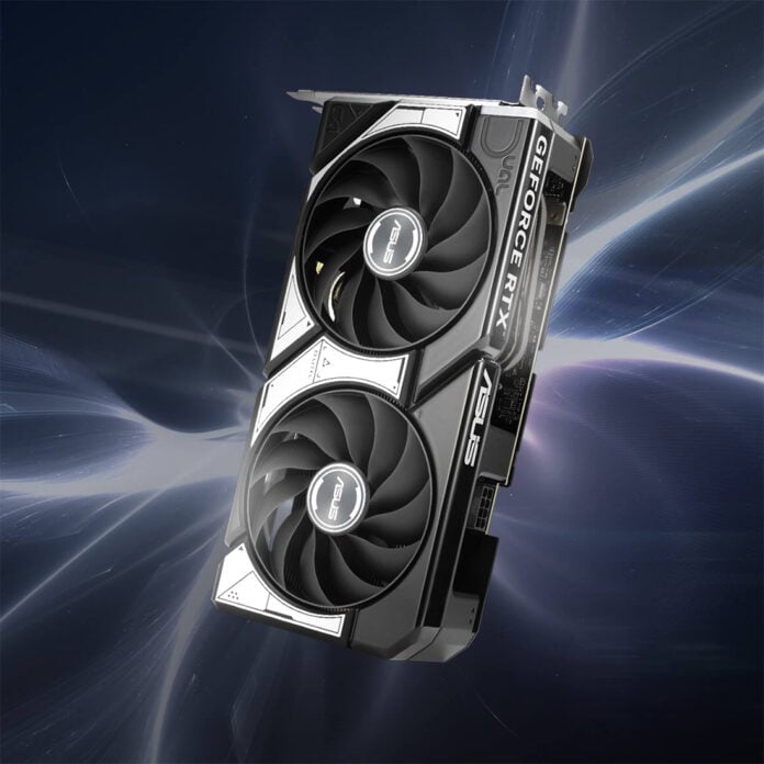 Asus GeForce RTX 5060 Ti 16GB Dual OC graphics card, floating in front of an ethereal background.