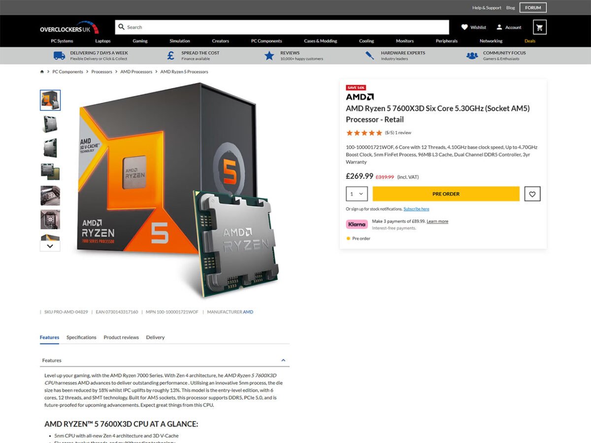 Ryzen 5 7600X3D product page on Overclockers UK.