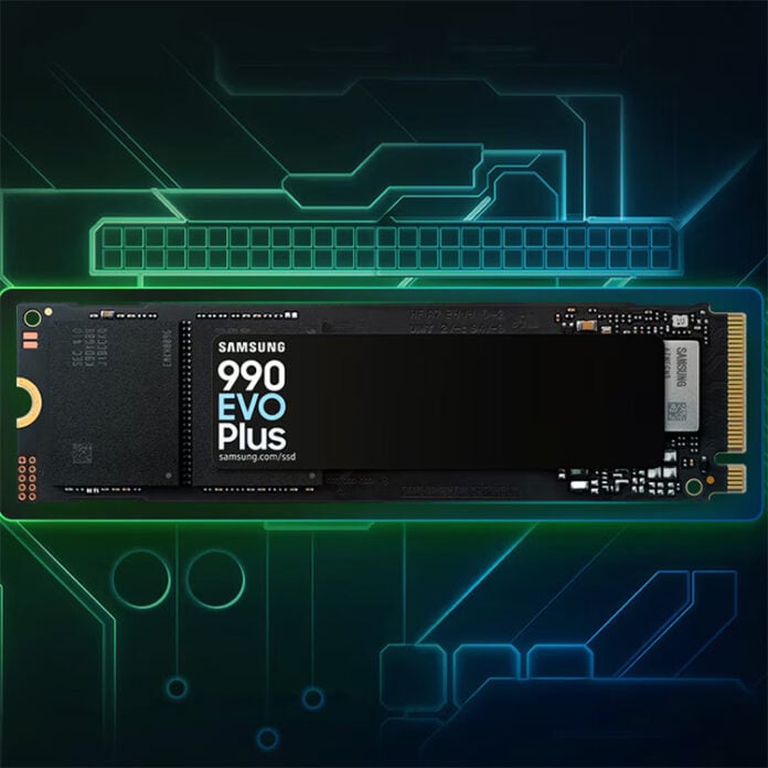 Samsung 990 Evo Plus floating against a blue-green neon background with outlines of PC hardware surrounding it.