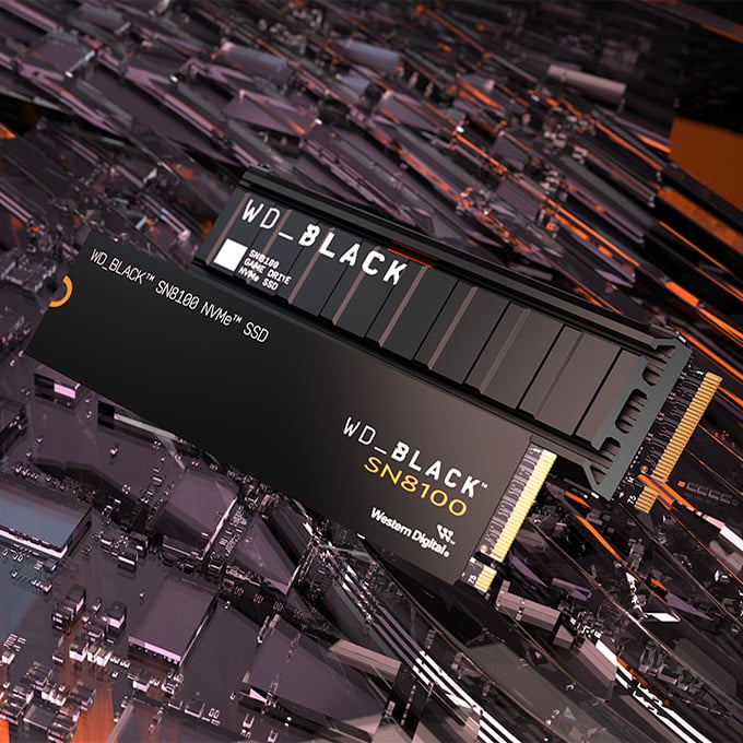 WD_Black SN8100 SSDs lie on a bed of silver and orange metal.