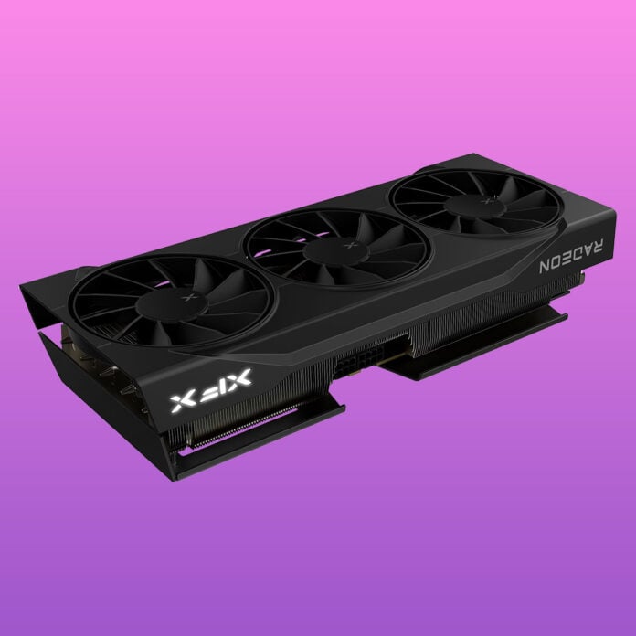XFX Swift Radeon RX 9070 XT graphics card, floating against a purple background.