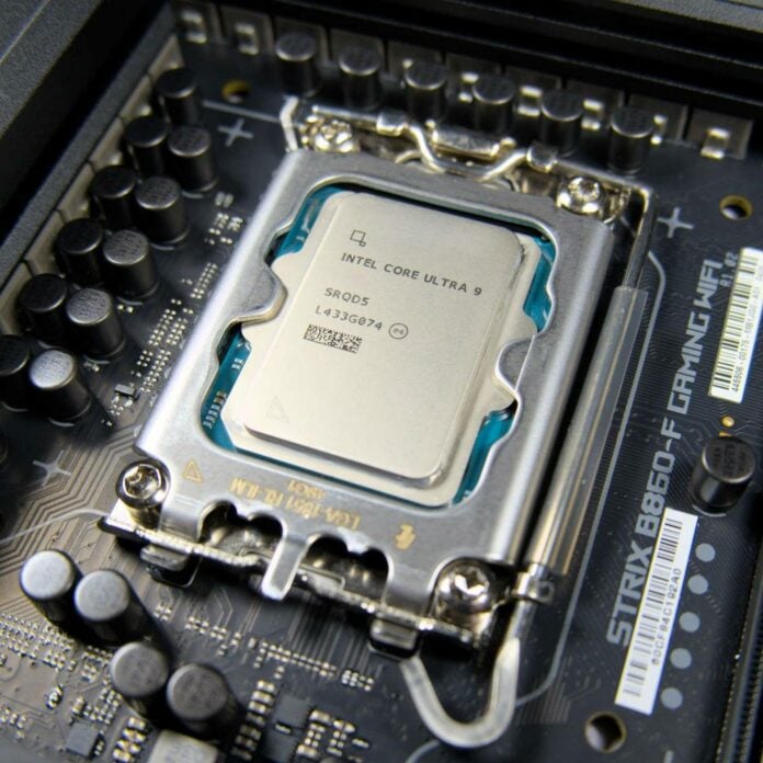 Intel CPU in its motherboard socket.