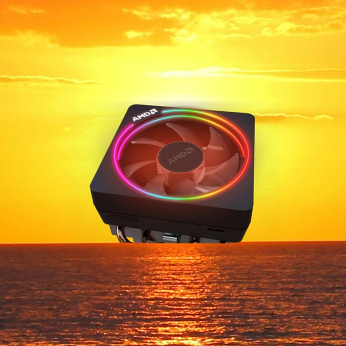 AMD Wraith Prism, taking place of the sun during a sunset over the ocean.