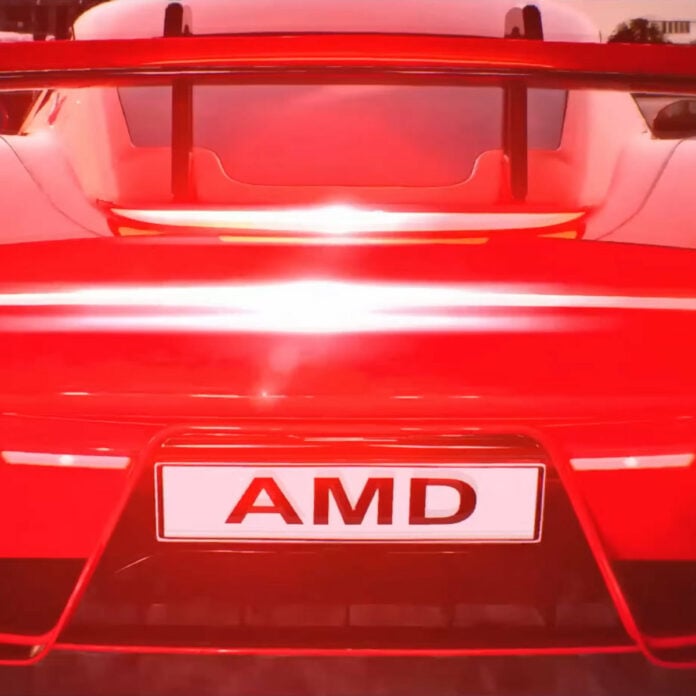 Screengrab from an FSR Redstone demo, in which a sports car with a licence plate that reads 'AMD' zooms past.