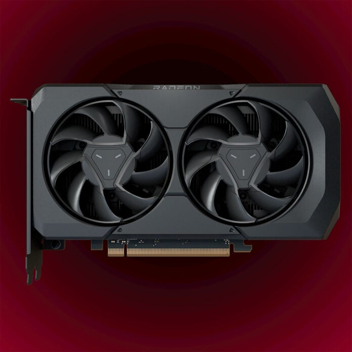 3D render of Radeon RX 7000 Series graphics card, against a red-black backdrop.