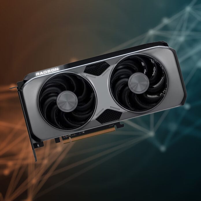 Radeon RX 9000 Series graphics card, floating against a blurred orange-blue backdrop.