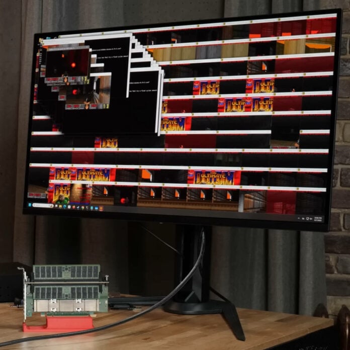 Multiple copies of Doom displayed on a monitor, running on a system powered by AMD Ryzen Threadripper 9995 WX.