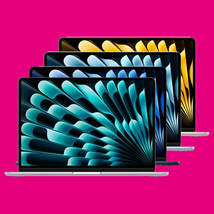 Every colour of MacBook Air stacked behind one another.
