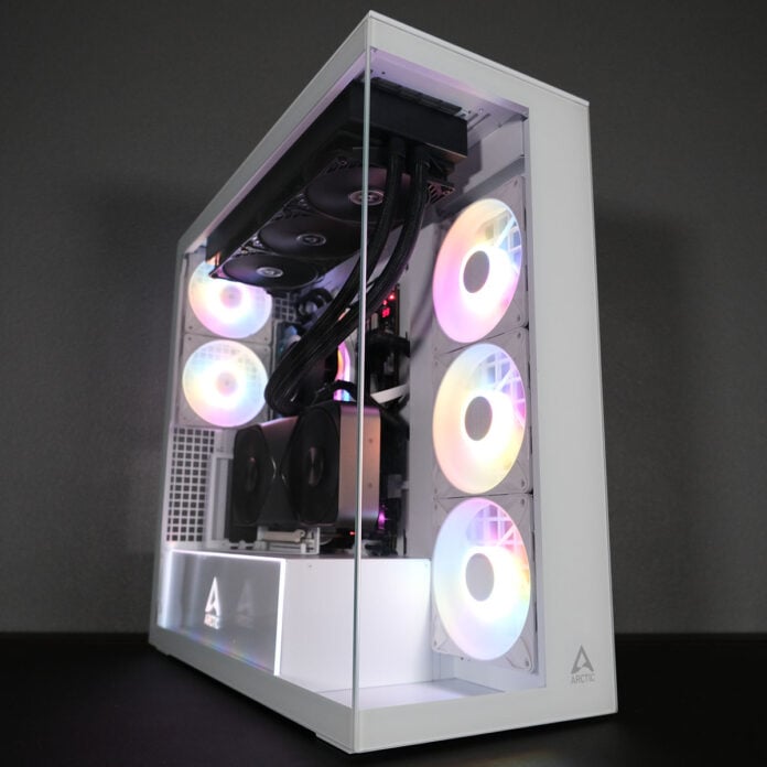 A side-front view of Arctic Xtender VG, in a darkened room that allows the case's white tones and RGB to pop.
