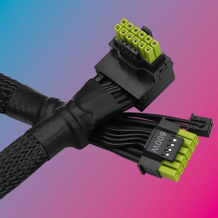 Close up of ASRock 12V-2x6 600W / L-Type Cable.