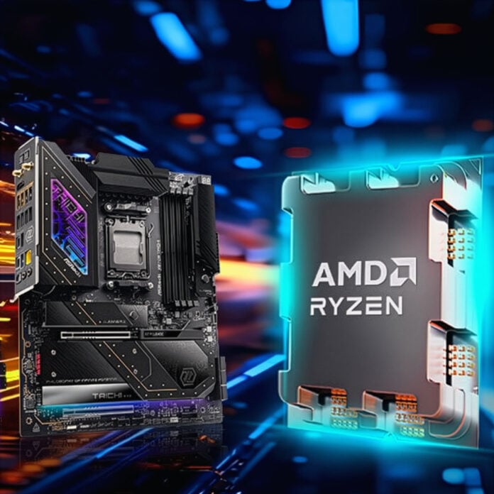 ASRock motherboard (left) and Ryzen CPU (right) float against a backdrop of light streaks.