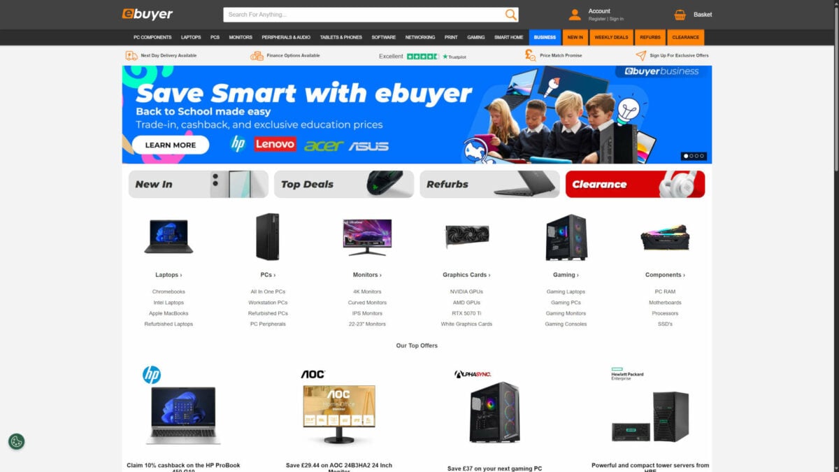 A screengrab of the ebuyer homepage, from 07/08/25.