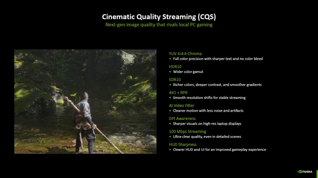Slide outlining the additions CQS (Cinematic Streaming Quality) brings to GeForce Now.