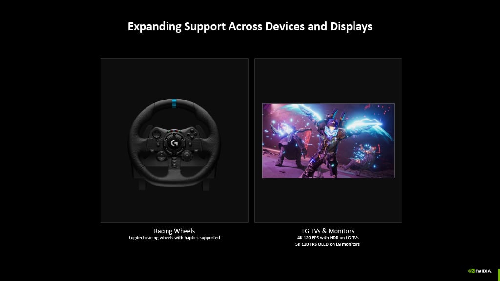 Infographic detailing how Logitech racing wheels and LG TVs will change with GeForce Now updates in 2025.
