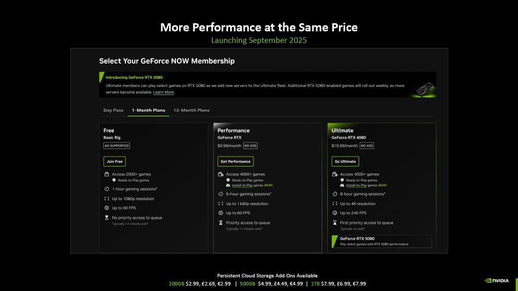 An overview of membership tiers that will be available for GeForce Now from September 2025 onwards.