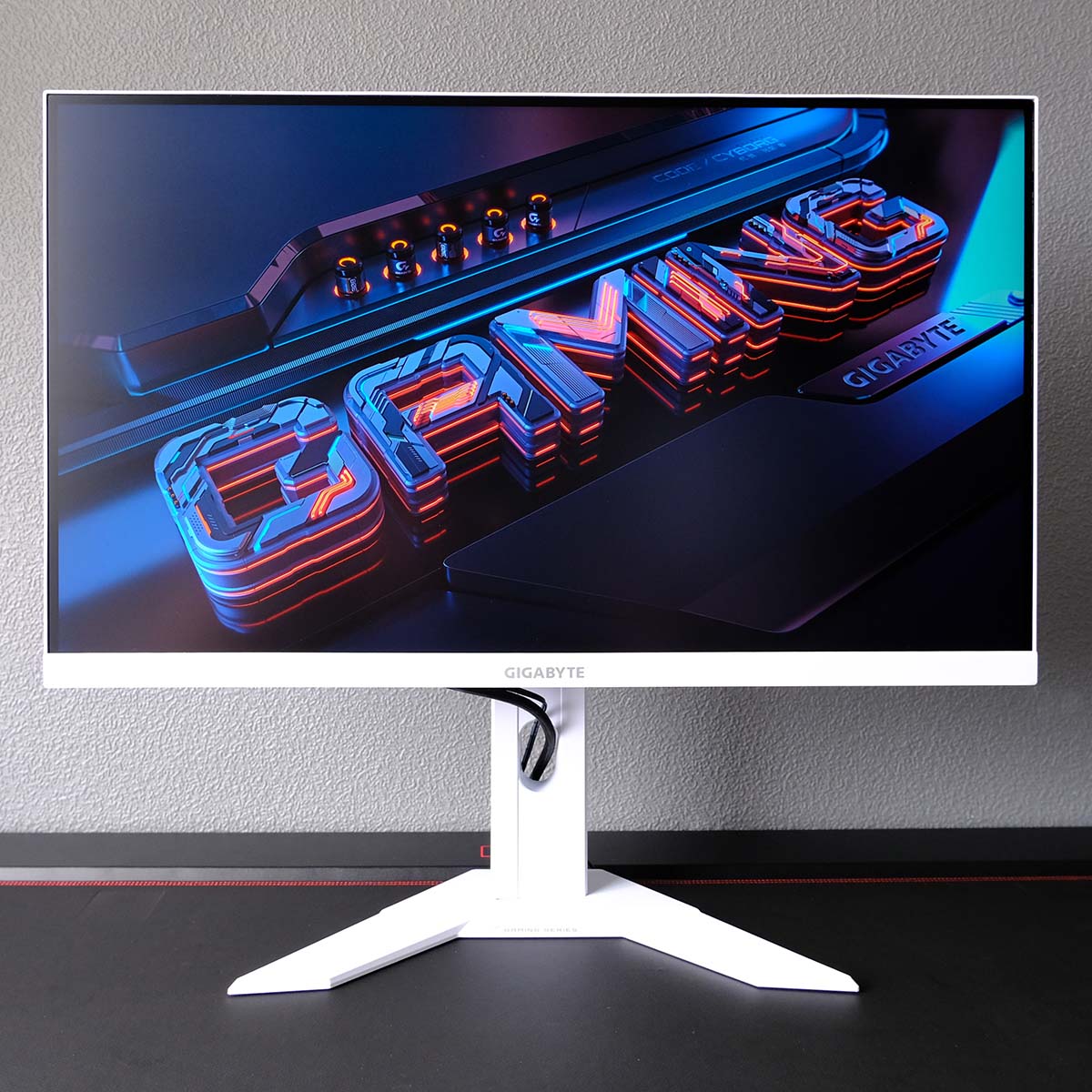 Front view of Gigabyte M27QA Ice gaming monitor.