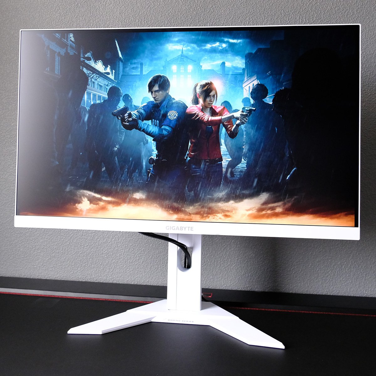 Gigabyte M27QA Ice gaming monitor, displaying Resident Evil 2 key art.