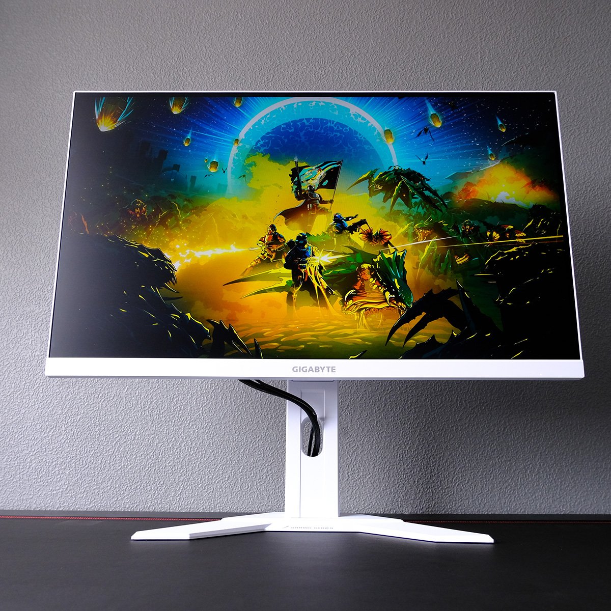Gigabyte M27QA Ice gaming monitor, displaying Helldivers 2 key art.