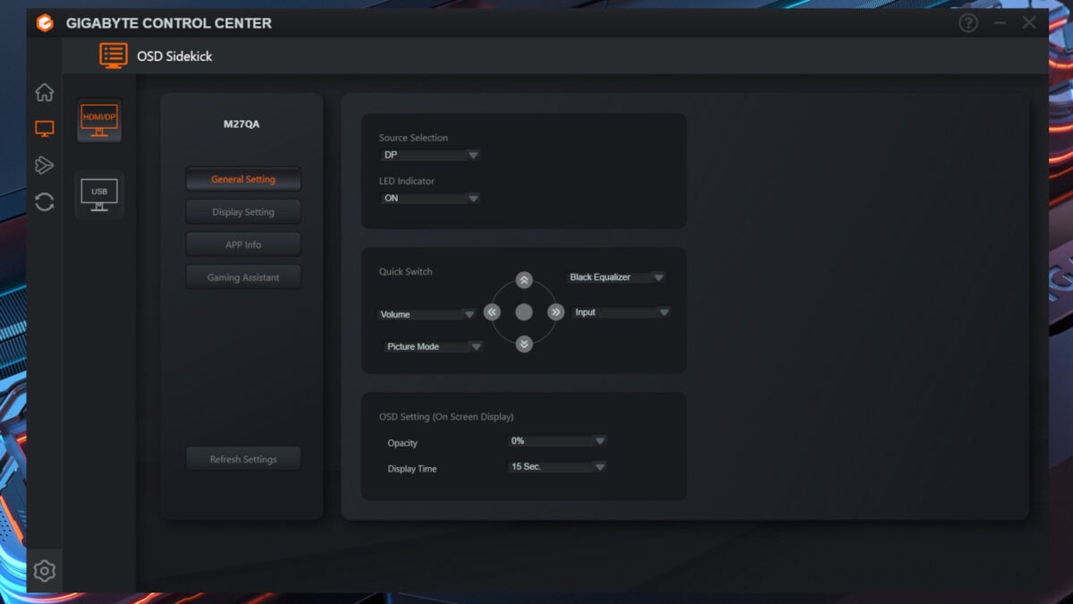 Screenshot of Gigabyte Control Center's 'Sidekick' menu, controlling M27QA Ice.
