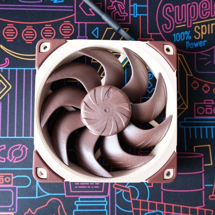 A single Noctua NF-A12x25 G2 fan, resting atop a neon background.