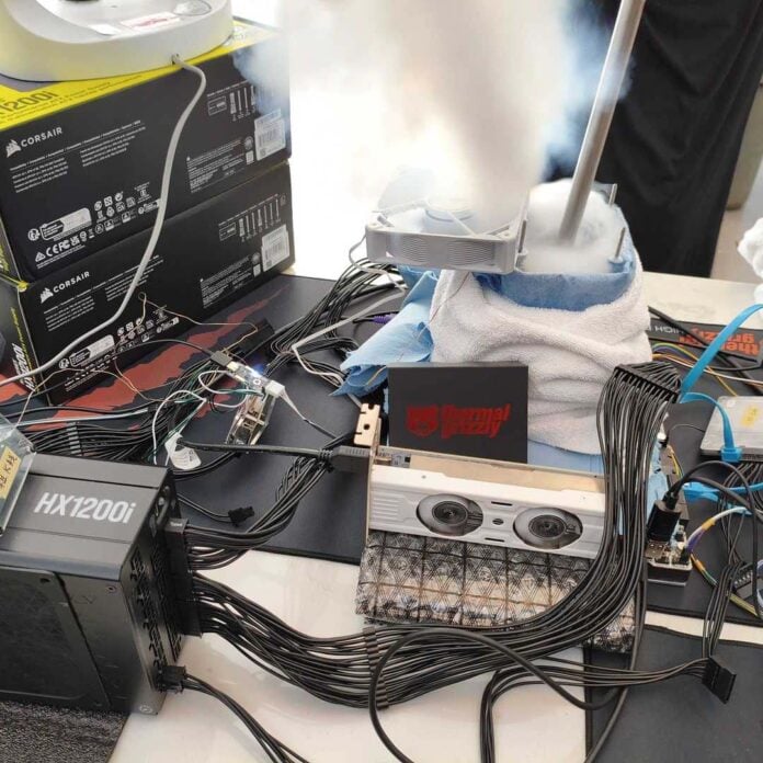 The overclocking setup that wytiwx and their team built to achieve their world record.