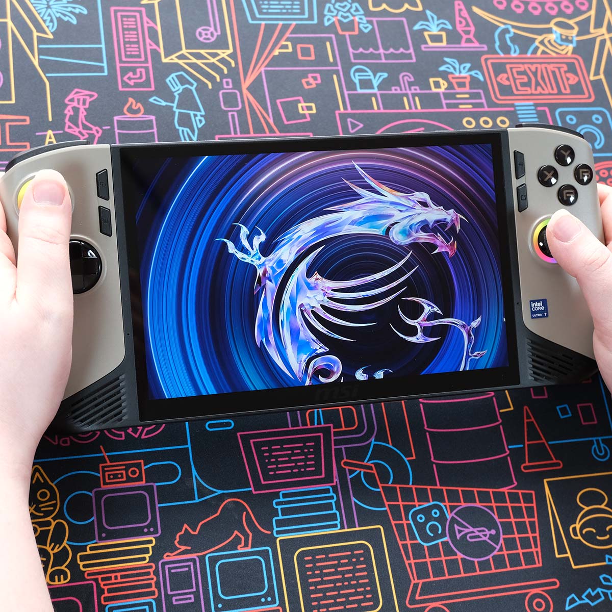 Two hands gripping MSI Claw 8 AI+.