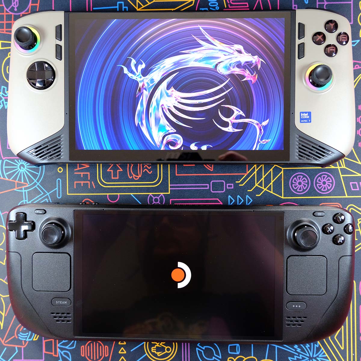 MSI Claw 8 AI+ (top) and Steam Deck OLED (bottom).
