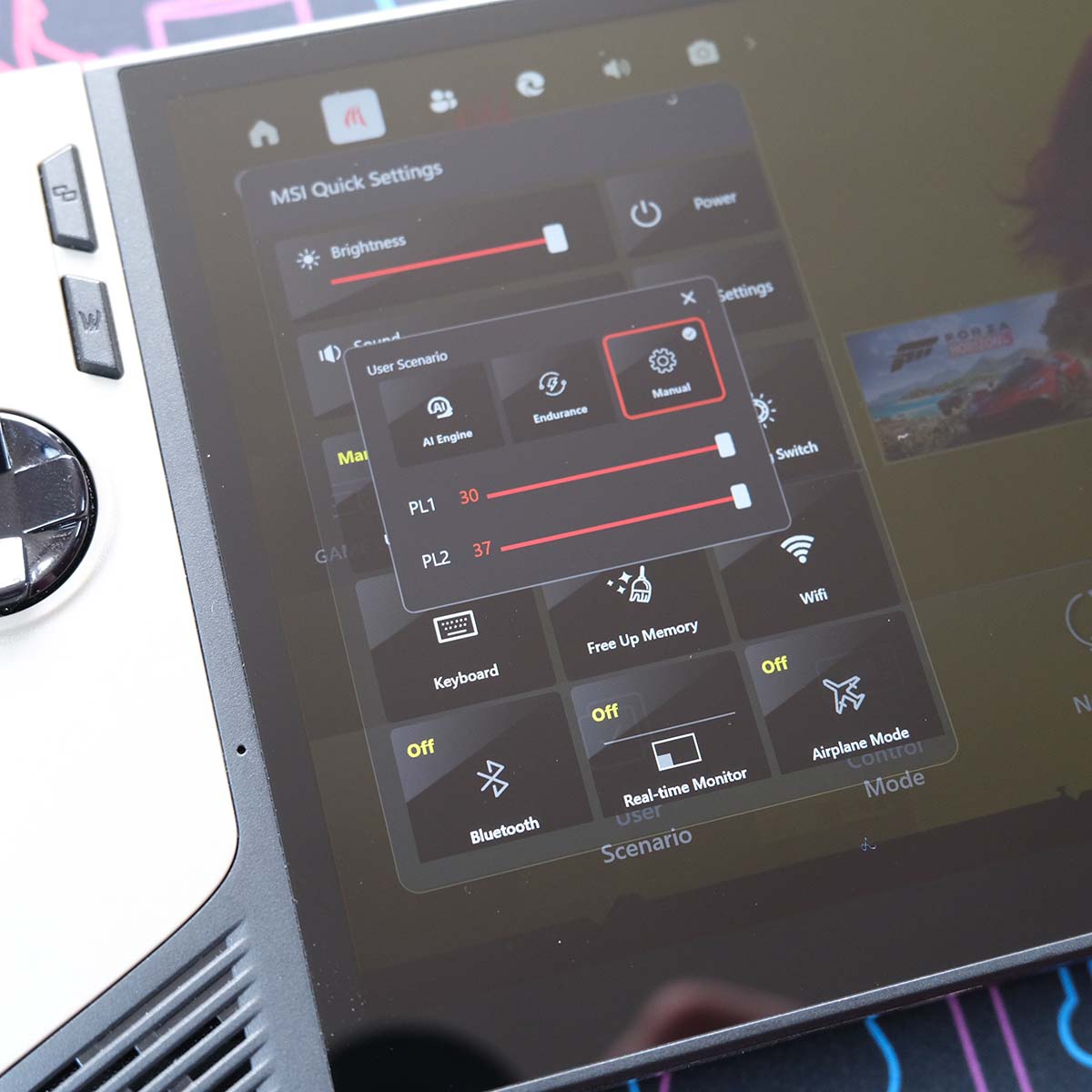 A close up of MSI Quick Settings menu on Claw 8 AI+.