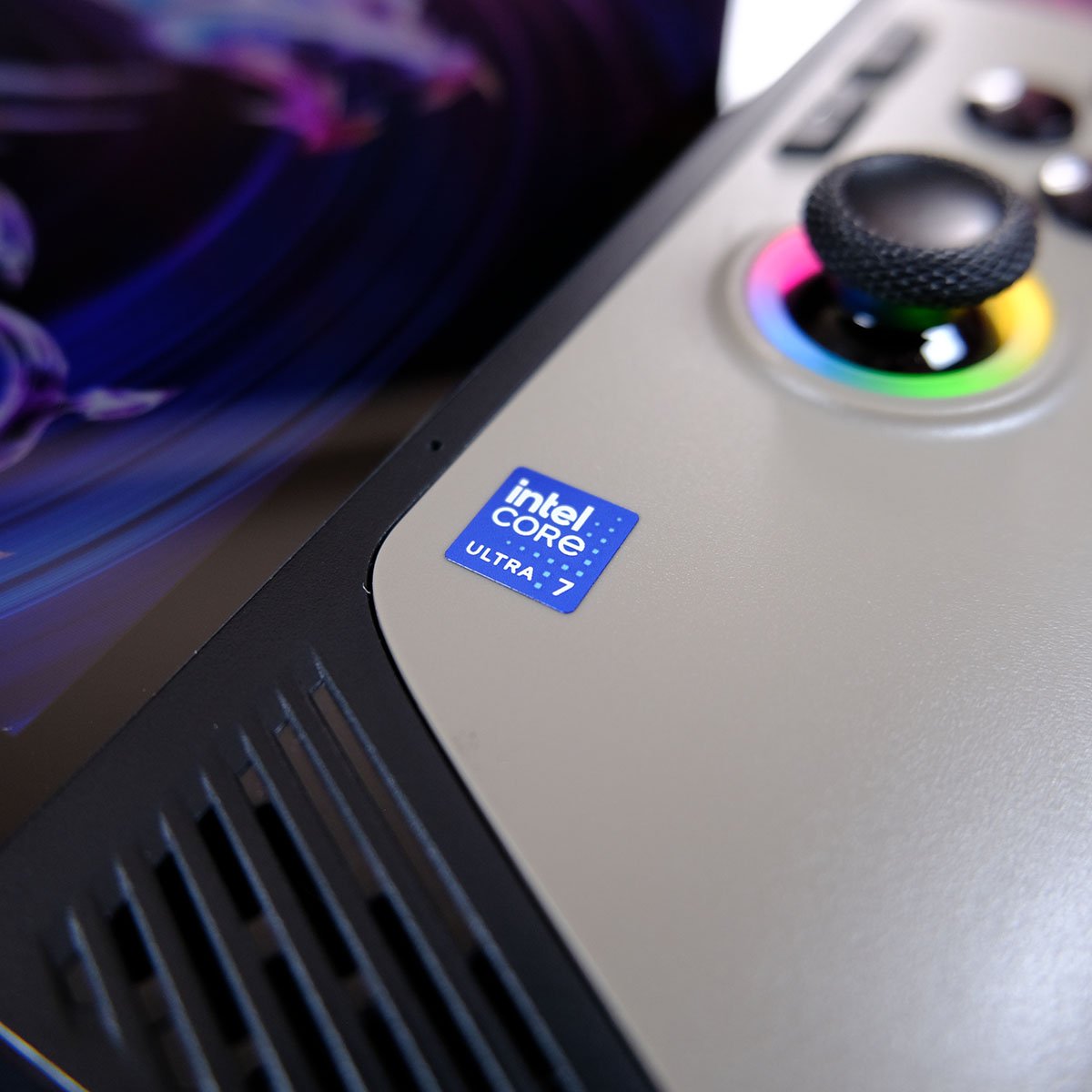 A close up of the Intel Core Ultra 7 sticker on MSI Claw 8 AI+.