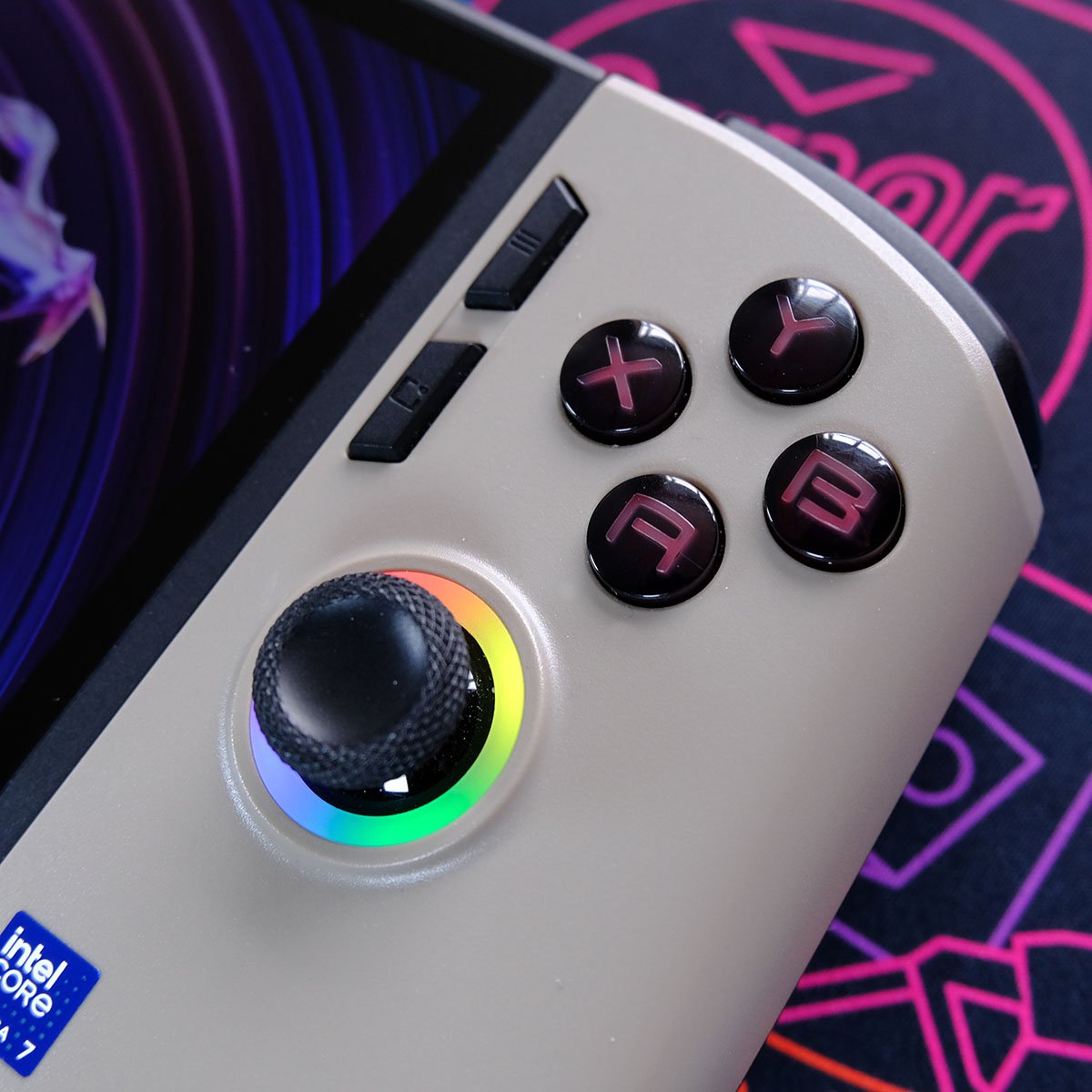 A close up of MSI Claw 8 AI+'s face buttons and joystick.