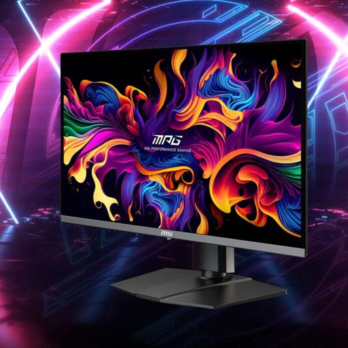 MSI MPG 272URX QD-OLED gaming monitor, stands against a neon-soaked backdrop.