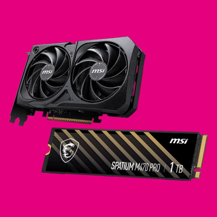 MSI GeForce RTX 5060 Shadow 2X OC (top left) and MSI Spatium M470 Pro 1TB (bottom right) floating against a pink backdrop.