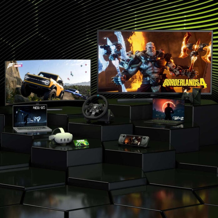 Key art for Nvidia's GeForce Now announcements at Computex 2025, including a variety of devices such as displays, systems, and controllers.