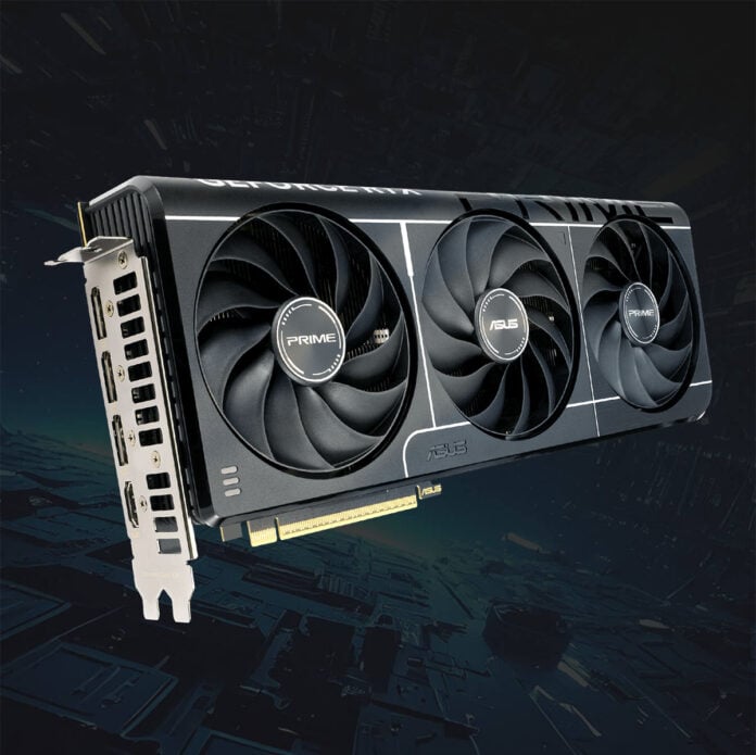 Asus Prime GeForce RTX 5070 Ti graphics card, floating against a dark backdrop.