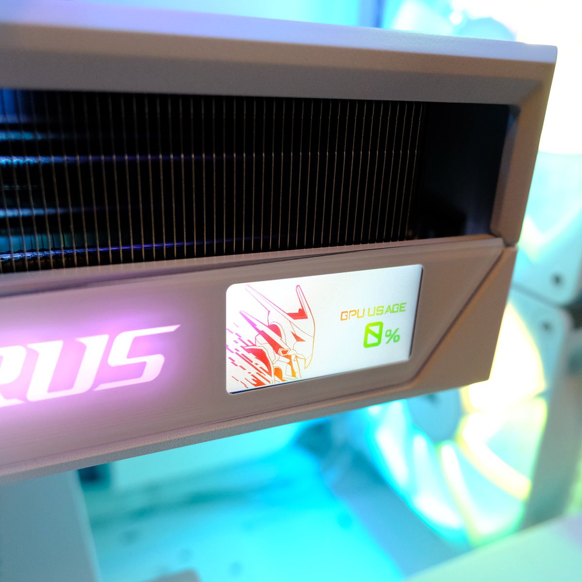 A close up of the built-in LCD on the GPU inside PCSpecialist Luna Recon Master.