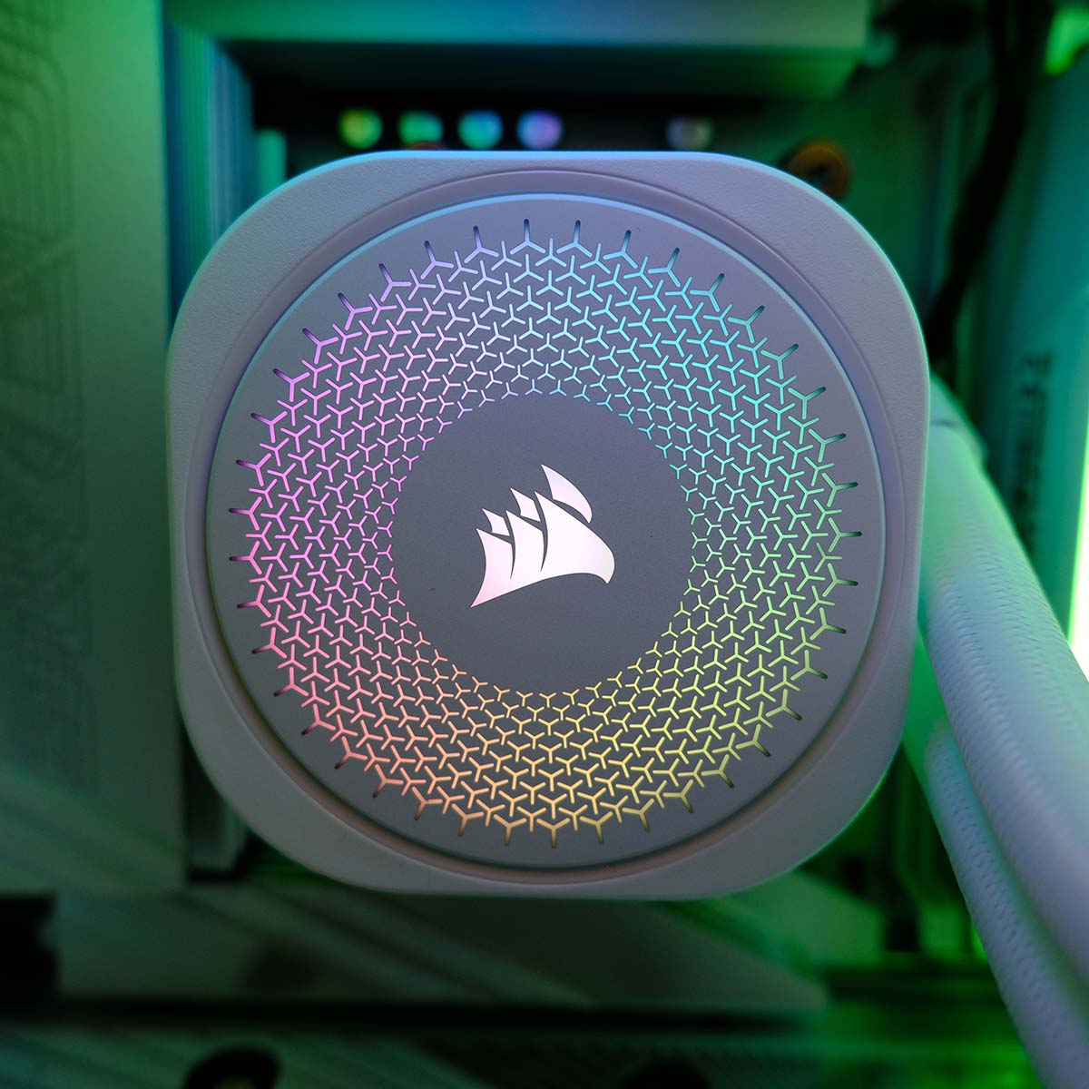 A close up of the Corsair AIO water cooler inside PCSpecialist Luna Recon Master.